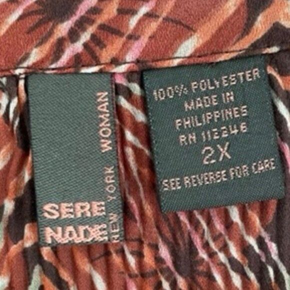Serenade New York Floral Pleated Rust Tropical Print Short Sleeve Button Down 2X - Picture 5 of 6
